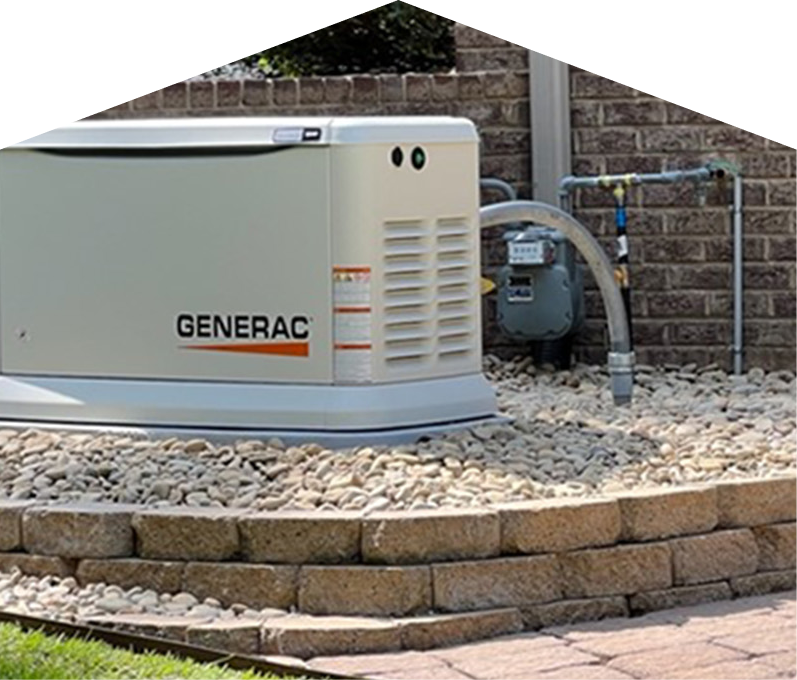 Generac standby generator installed by Peel on a raised stone platform beside a brick wall, connected to a natural gas meter for backup power supply. Generac standby generator installed by Peel on a raised stone platform beside a brick wall, connected to a natural gas meter for backup power supply.